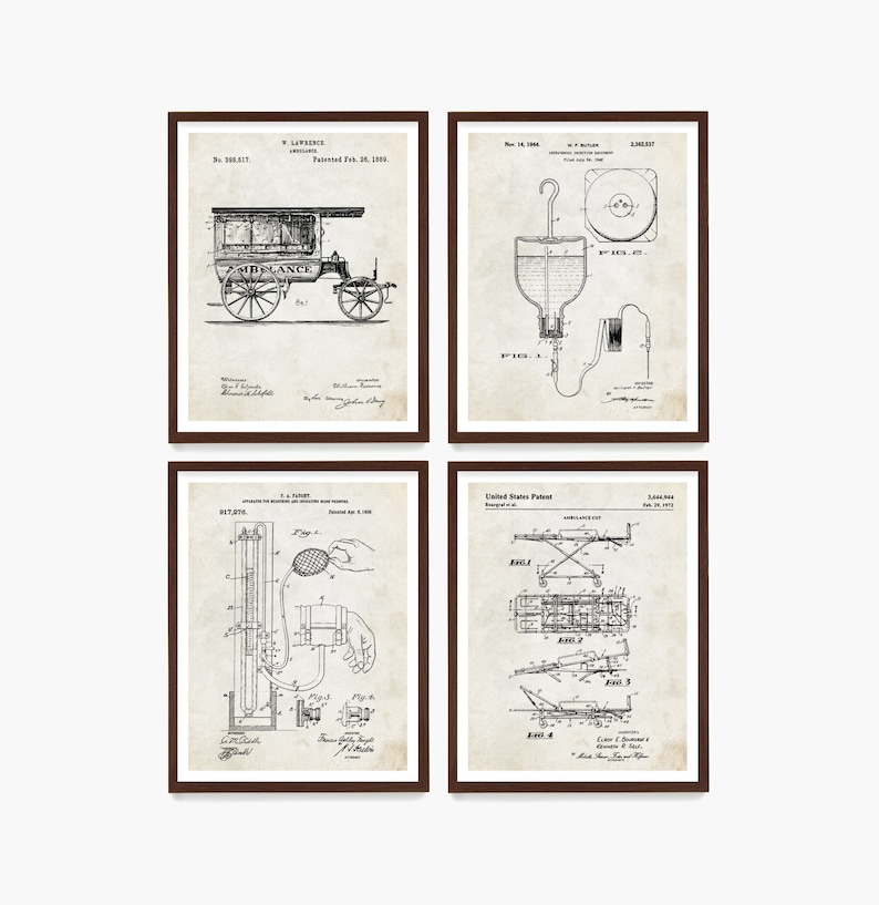 May include: Set of four framed vintage patent prints. The prints feature detailed black and white illustrations of medical and transportation inventions, including an ambulance, blood transfusion equipment, and other medical devices. The frames are a dark brown color.