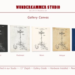 May include: Five different color variations of a vintage patent drawing for a hi-hat cymbal stand. The drawing is in black and white and shows the stand with the cymbal in the up position. The colors are chalkboard black, parchment, warm, antique, and blueprint.