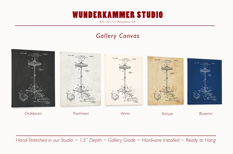 May include: Five different color variations of a vintage patent drawing for a hi-hat cymbal stand. The drawing is in black and white and shows the stand with the cymbal in the up position. The colors are chalkboard black, parchment, warm, antique, and blueprint.
