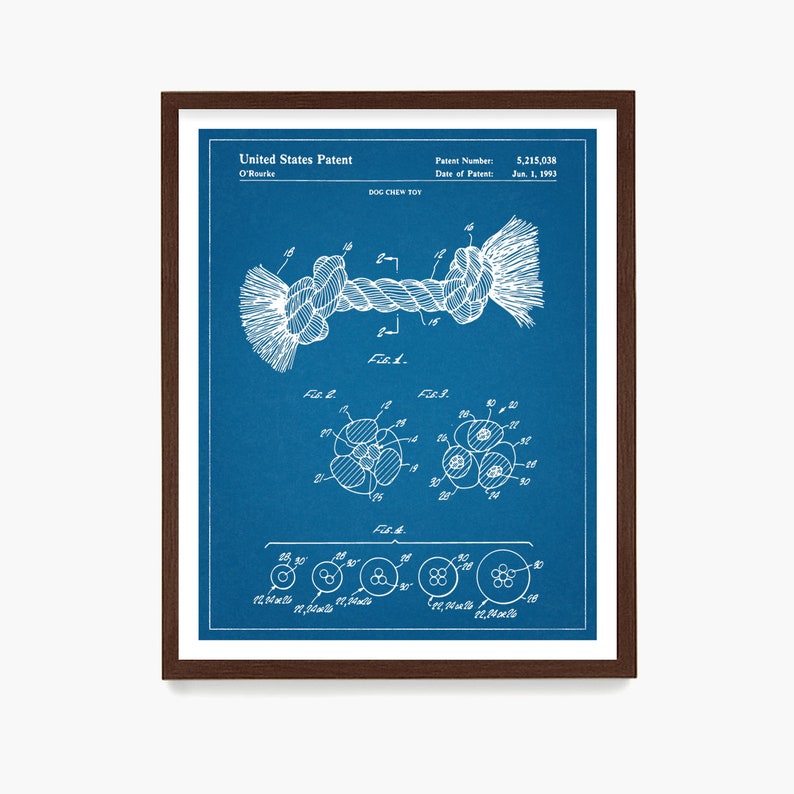 May include: A blue and white patent drawing for a dog chew toy. The drawing shows a rope toy with a knot in the middle. The patent number is 5,215,038 and the date of the patent is June 1, 1993.