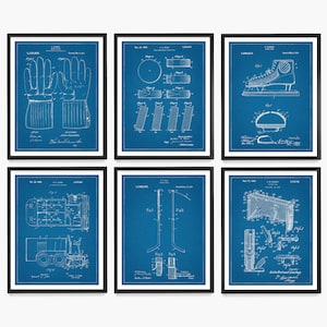 May include: Set of six blue blueprint style prints of hockey equipment patents. The prints feature a hockey glove, hockey stick, hockey skate, hockey puck, hockey net, and a Zamboni.