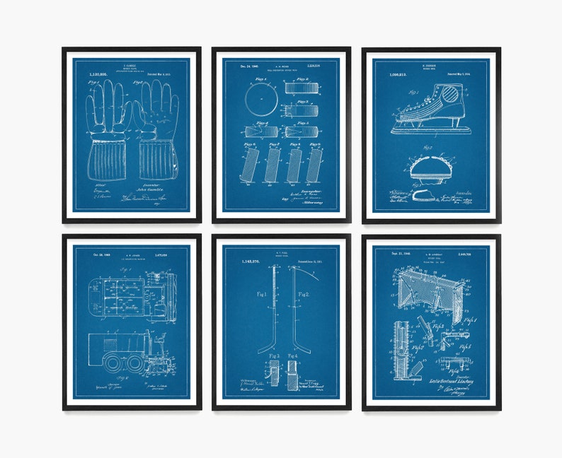 May include: Set of six blue blueprint style prints of hockey equipment patents. The prints feature a hockey glove, hockey stick, hockey skate, hockey puck, hockey net, and a Zamboni.