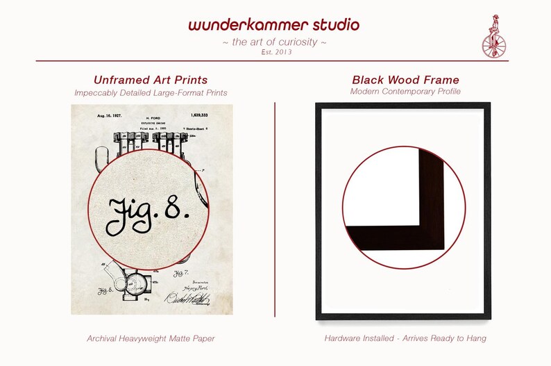 May include: A black and white patent drawing of a mechanical device with the text "Jig. 8." in a red circle. The drawing is printed on archival heavyweight matte paper. The image also shows a black wood frame with a modern contemporary profile.
