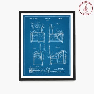 K&ouml;nnte beinhalten: Eine Illustration im Blaupausen-Stil eines Patents f&uuml;r ein Stuhldesign. Das Patent ist vom 14. August 1934 und tr&auml;gt den Titel "Stuhl" mit der Patentnummer 1.969.901. Das Patent ist f&uuml;r einen Stuhl, der gefaltet und entfaltet werden kann. Das Patent ist f&uuml;r Joseph H. Pilates.