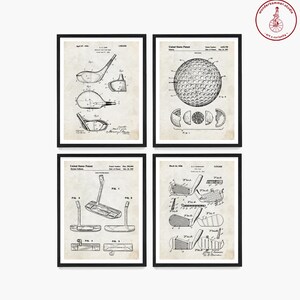 May include: Set of four vintage black and white patent drawings of golf equipment. The drawings include a golf club, a golf ball, and a putter. Each drawing is framed in a black frame with a white background.