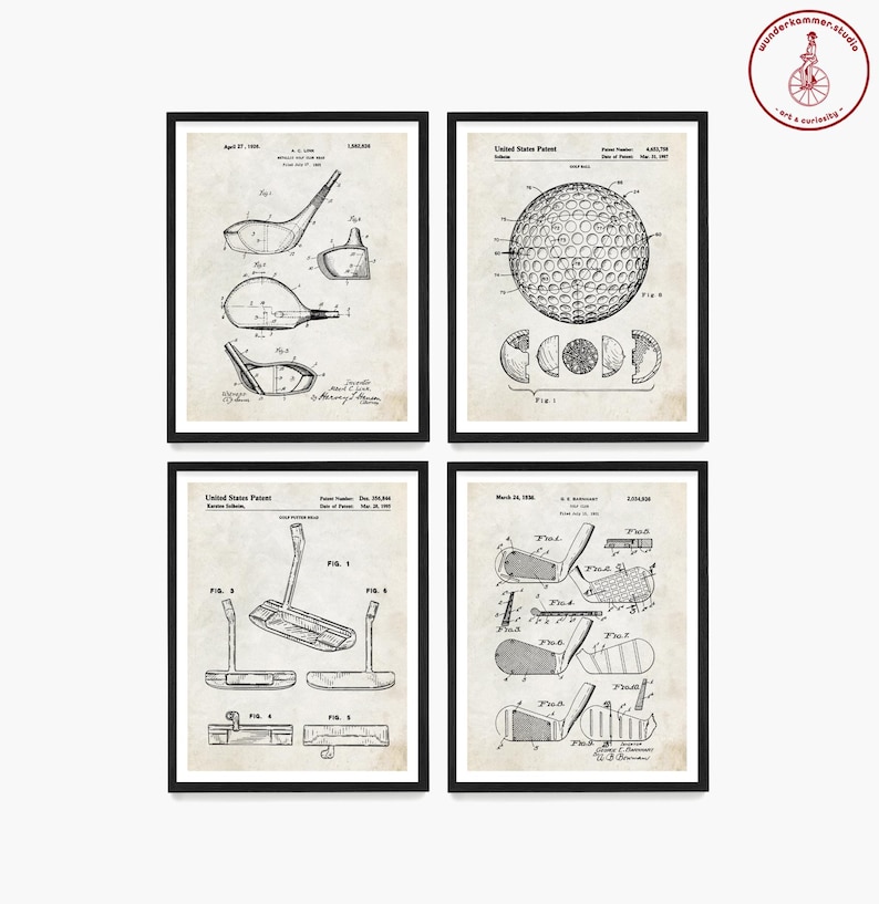 May include: Set of four vintage black and white patent drawings of golf equipment. The drawings include a golf club, a golf ball, and a putter. Each drawing is framed in a black frame with a white background.