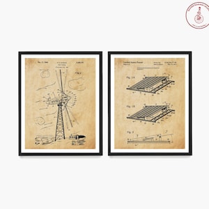May include: Two black framed vintage patent prints. The left print shows a black and white illustration of a wind turbine. The right print shows a black and white illustration of a solar panel. The text on the left print reads "Oct. 17, 1944. P.C. Putman. 2,360,961. Filed March 20, 1942. Fig. 1." The text on the right print reads "United States Patent. Patent No. US 8,134,277 B1. Date of Patent: Mar. 27, 2012. Fig. 1A. Fig. 1B. Fig. 3."
