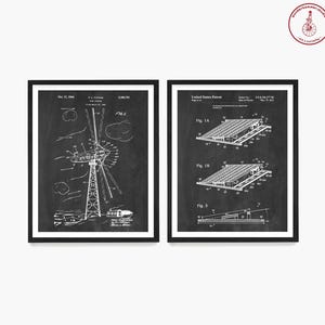 May include: Two black and white patent drawings on a chalkboard background. The left drawing shows a wind turbine with a large propeller. The right drawing shows a solar panel system. The text on the drawings includes the patent number, date, and inventor's name.