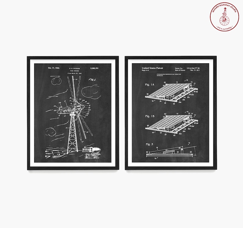 May include: Two black and white patent drawings on a chalkboard background. The left drawing shows a wind turbine with a large propeller. The right drawing shows a solar panel system. The text on the drawings includes the patent number, date, and inventor's name.