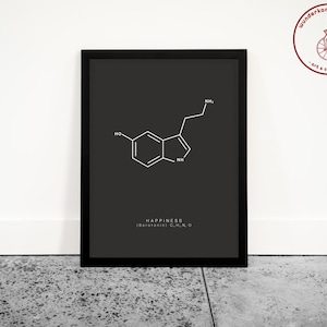 Happiness Molecule Art - Serotonin Molecule Poster - Molecule Art - Molecule Wall Art - Happiness Poster - Nerdy Art - Housewarming Gift Art