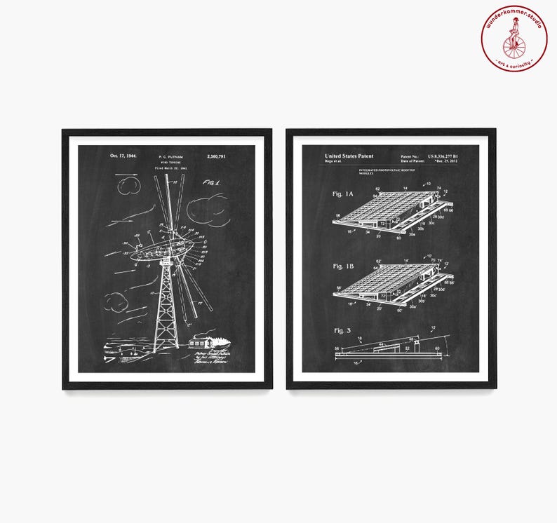 May include: Two black and white patent drawings on a chalkboard background. The left drawing shows a wind turbine with a large propeller. The right drawing shows a solar panel system. The text on the left drawing reads "Oct. 17, 1964. P.C. PUTNAM. 3,160,991. Filed March 20, 1962. Fig. 1." The text on the right drawing reads "United States Patent. Patent No. 3,518,277 B1. Date of Patent: Dec. 23, 1970. Fig. 1A. Fig. 1B. Fig. 3."