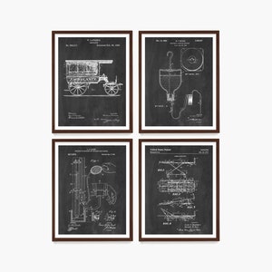 May include: Four framed vintage patent prints. The prints feature detailed black and white illustrations of medical equipment and an ambulance, set against a dark background. The frames are a dark brown color, adding a classic touch.