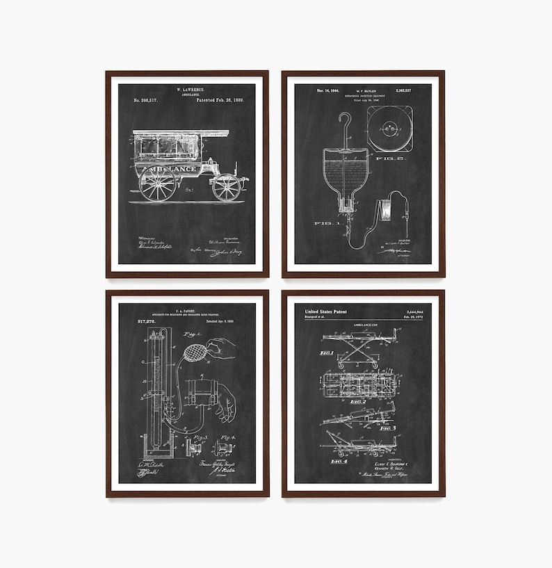May include: Four framed vintage patent prints. The prints feature detailed black and white illustrations of medical equipment and an ambulance, set against a dark background. The frames are a dark brown color, adding a classic touch.