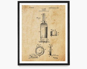 Wine Bottle Patent Art Print: Vintage Kitchen Decor