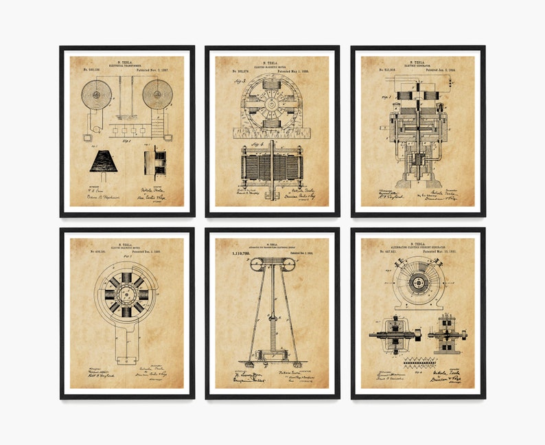 Op de afbeelding: Set van zes zwart ingelijste prints met vintage patenttekeningen van Nikola Tesla's uitvindingen. De tekeningen zijn in zwart-wit en hebben een sepia-kleurige achtergrond. De prints zijn gerangschikt in twee rijen van drie.