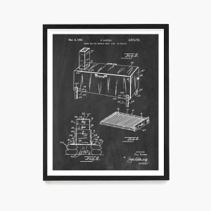 May include: Black and white illustration of a patent drawing for a smoke box for smoking meat, fish, or poultry. The drawing shows a rectangular box with a hinged lid, a chimney, and a grate. The patent number is 2,573,772 and the date is November 6, 1951.