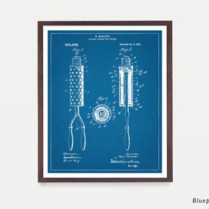 May include: A framed blue patent print featuring white technical line drawings of an electric curling iron heater. The document displays Fig 1, Fig 2, and Fig 3 with detailed labels, patent number 900,292, and the text W. Meredith, Patented Oct 6, 1908.