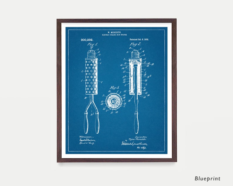 May include: A framed blue patent print featuring white technical line drawings of an electric curling iron heater. The document displays Fig 1, Fig 2, and Fig 3 with detailed labels, patent number 900,292, and the text W. Meredith, Patented Oct 6, 1908.