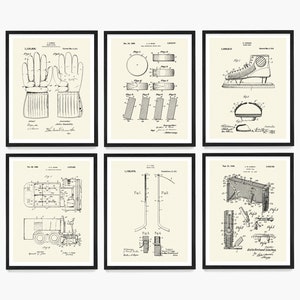 May include: A set of six vintage black and white patent drawings for hockey equipment. The drawings include a hockey glove, a hockey puck, a hockey skate, a hockey stick, a hockey Zamboni, and a hockey goal.