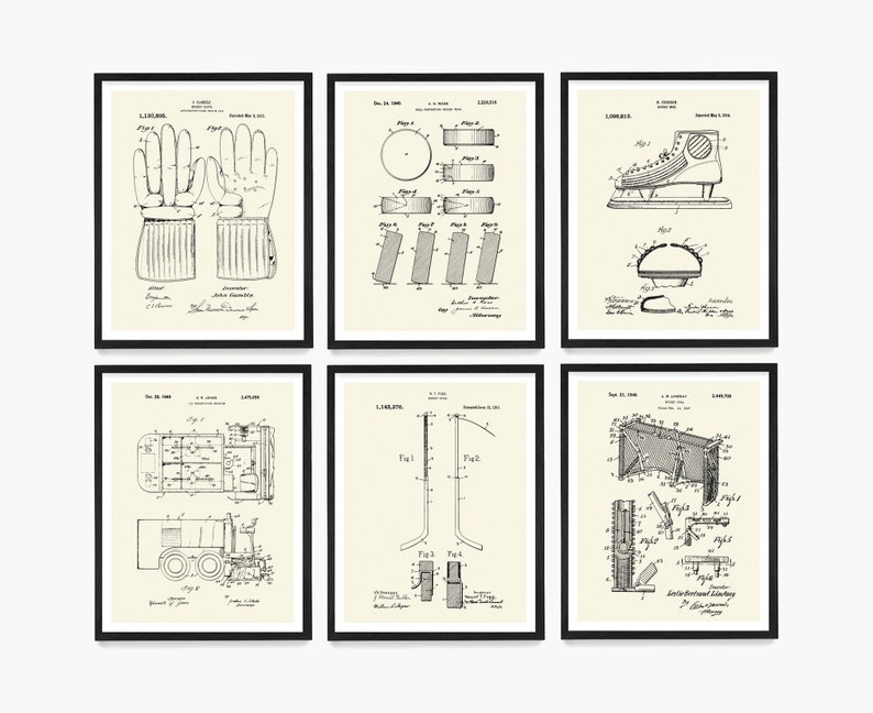 May include: A set of six vintage black and white patent drawings for hockey equipment. The drawings include a hockey glove, a hockey puck, a hockey skate, a hockey stick, a hockey Zamboni, and a hockey goal.