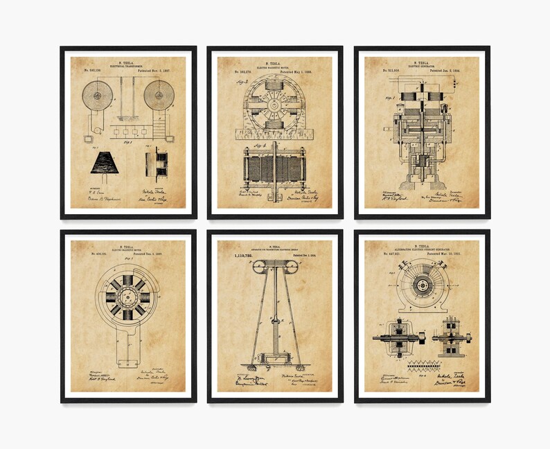 May include: Set of six vintage-style prints featuring black and white illustrations of Nikola Tesla's patents for electrical inventions. The prints have a beige background and are framed in black.