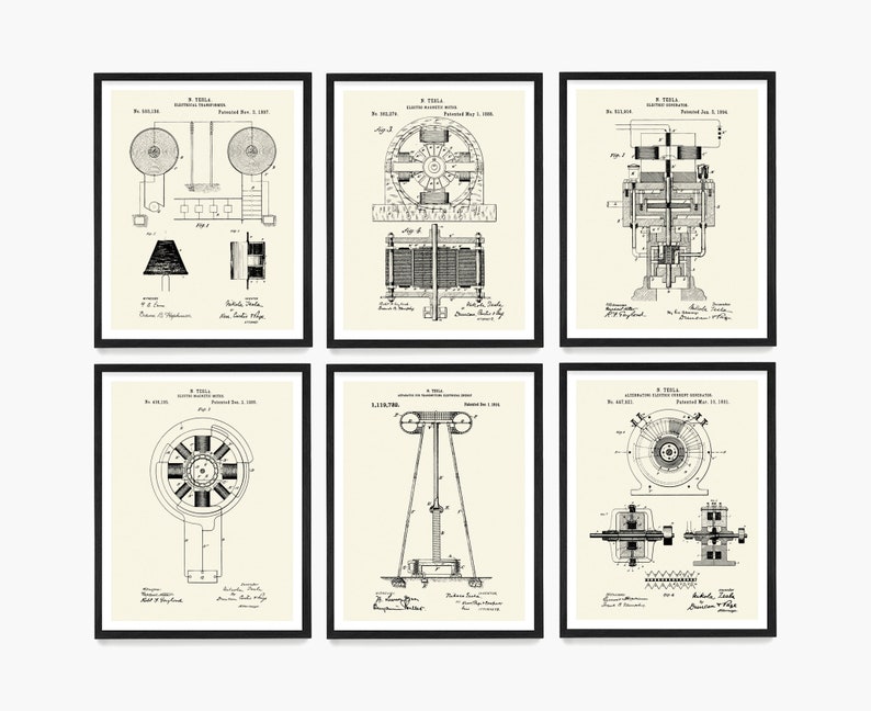 Op de afbeelding: Een set van zes zwart-wit vintage patentprints met illustraties van Nikola Tesla's uitvindingen. De prints zijn ingelijst in zwarte lijsten en hebben een witte achtergrond. De prints bevatten illustraties van Tesla's elektromotor, wisselstroomgenerator en draadloos transmissiesysteem.