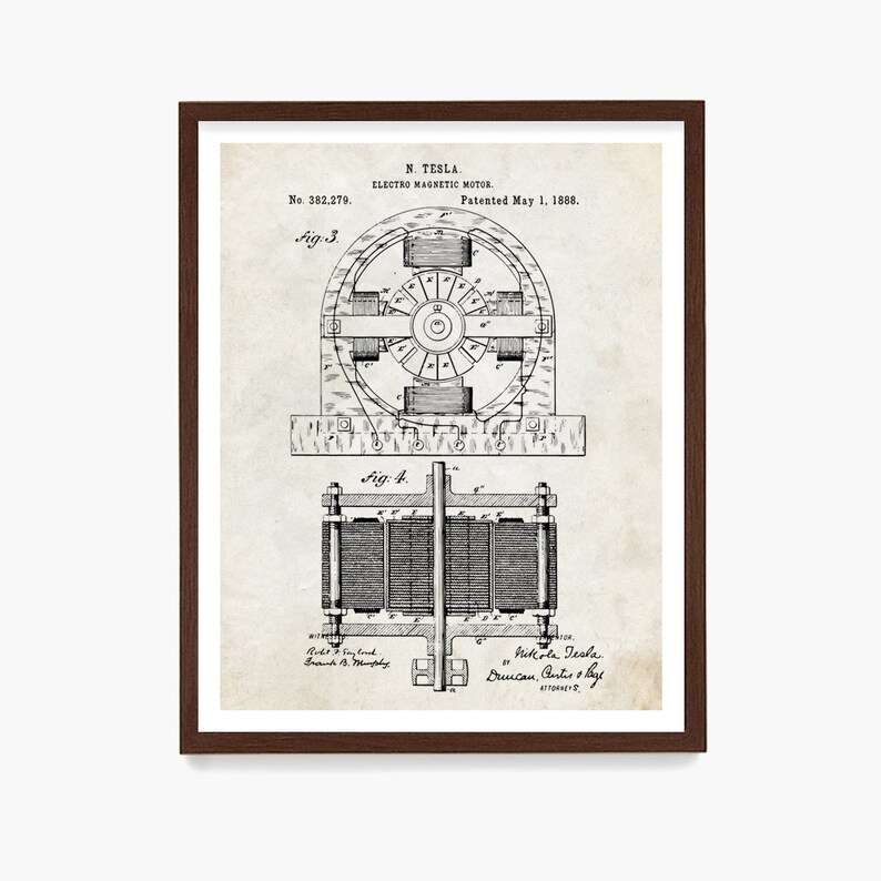 May include: Black and white patent drawing of Nikola Tesla's electro-magnetic motor. The drawing shows the motor's design and includes the patent number 382,279 and the date May 1, 1888.