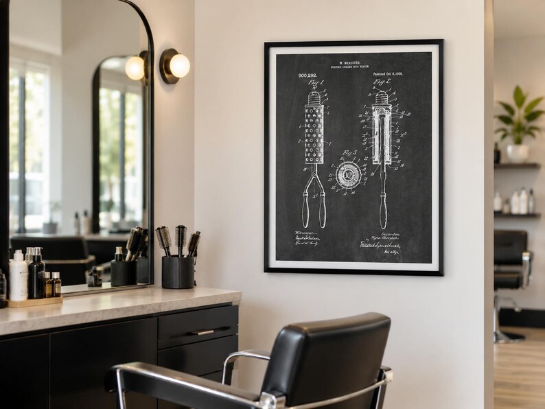 May include: A framed black and white patent print on a wall, displaying technical diagrams of a hair curling iron labelled M. BISSICKS, DRESS CURLING IRON, 900,286, Patented Oct 6, 1908, featuring three distinct figures showing the tool's components.