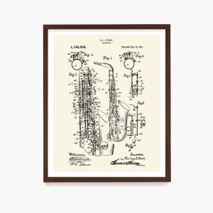 May include: Black and white line drawing of a saxophone patent, showing the instrument's design and parts. The patent number is 1,146,368 and the date is July 13, 1915. The inventor is Murray A. Stover.