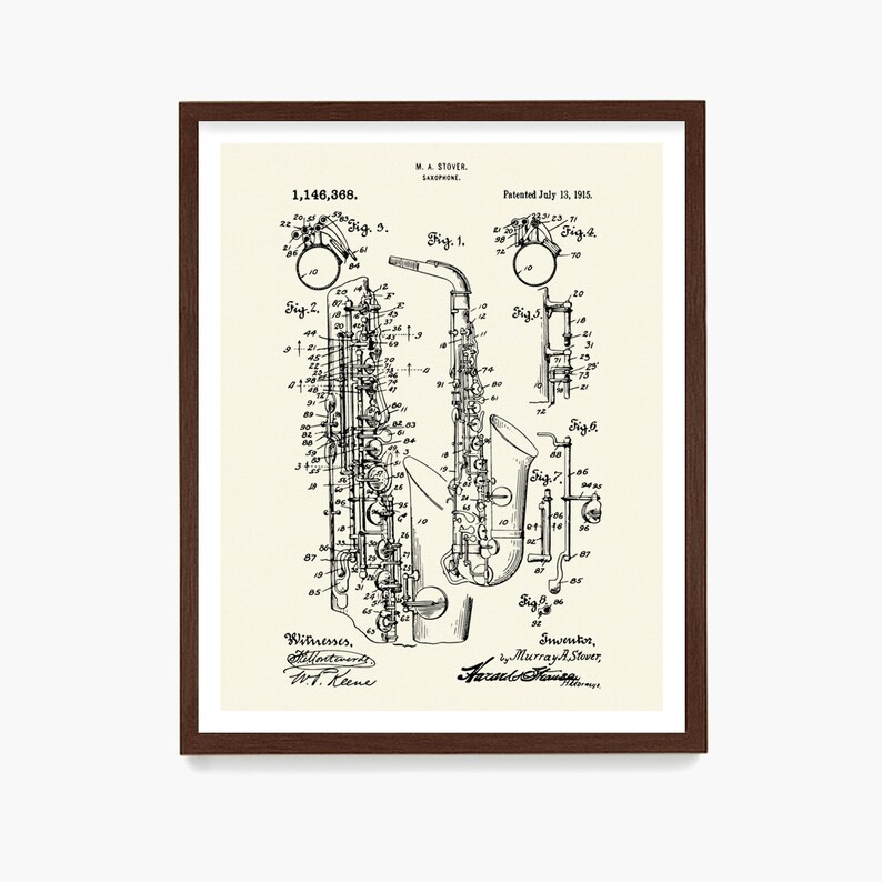 May include: Black and white line drawing of a saxophone patent, showing the instrument's design and parts. The patent number is 1,146,368 and the date is July 13, 1915. The inventor is Murray A. Stover.