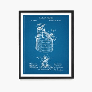 May include: A blue and white vintage patent drawing for an apparatus for making wine. The patent number is 494,982 and the patent date is April 4, 1893. The drawing shows a wine press with a barrel and a lever.