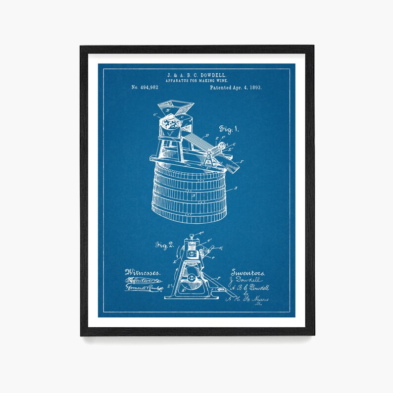 May include: A blue and white vintage patent drawing for an apparatus for making wine. The patent number is 494,982 and the patent date is April 4, 1893. The drawing shows a wine press with a barrel and a lever.