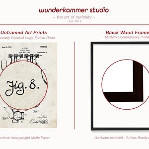 May include: An advertisement for art prints and framed art. The left side shows an unframed print with a vintage technical drawing, a red circle with "Fig. 8" in the center. The right side shows a framed art piece with a black geometric design.