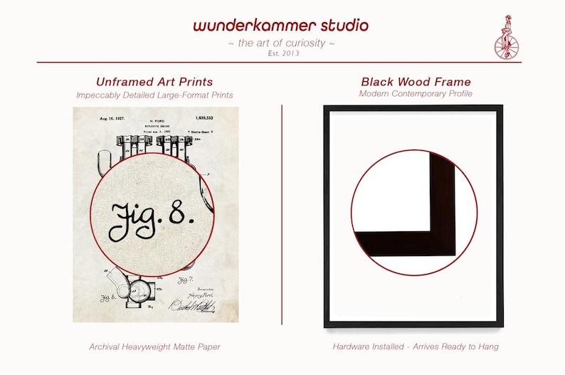 May include: A black and white patent drawing of a mechanical device with the text "Jig. 8." in a red circle. The drawing is printed on archival heavyweight matte paper. The image also shows a black wood frame with a modern contemporary profile.