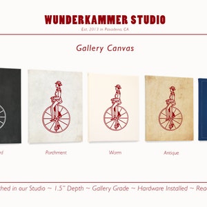 Op de afbeelding: Vijf verschillende galerij canvas prints van een vintage illustratie van een persoon die op een hoge fiets rijdt. De prints zijn in vijf verschillende stijlen: schoolbord, perkament, warm, antiek en blauwdruk.