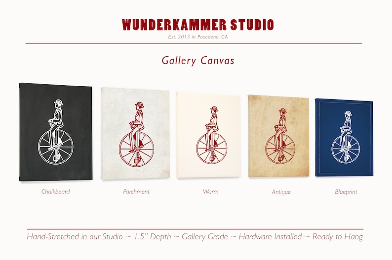 Op de afbeelding: Vijf verschillende galerij canvas prints van een vintage illustratie van een persoon die op een hoge fiets rijdt. De prints zijn in vijf verschillende stijlen: schoolbord, perkament, warm, antiek en blauwdruk.