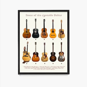 Guitar Poster, Icons of the Acoustic Guitar, History of Rock n Roll, Acoustic Guitar Art, Music Wall Art, Guitar Wall Art, Guitar Gift