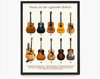 Guitar Poster, Icons of the Acoustic Guitar, History of Rock n Roll, Acoustic Guitar Art, Music Wall Art, Guitar Wall Art, Guitar Gift