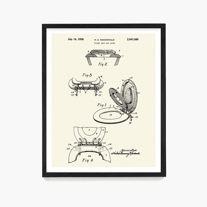 May include: Black and white line drawing of a toilet seat and cover patent. The patent is titled "Toilet Seat and Cover" and is dated July 14, 1936. The patent number is 2,047,480. The drawing shows four different views of the toilet seat and cover.