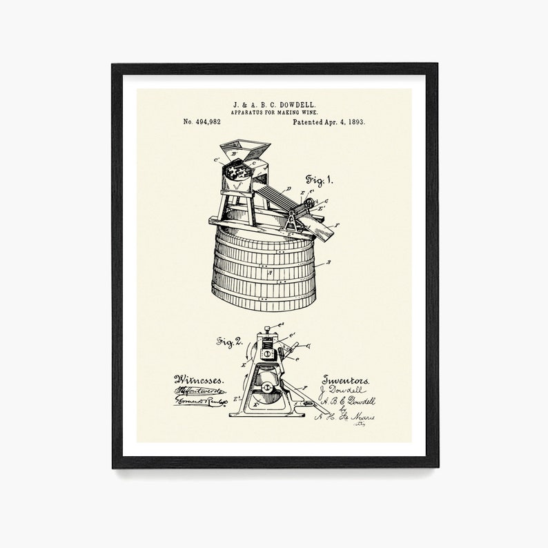May include: Black and white line drawing of a patent for an apparatus for making wine. The patent number is 494,982 and was patented on April 4, 1893. The patent is for a wine press and includes two illustrations of the device.