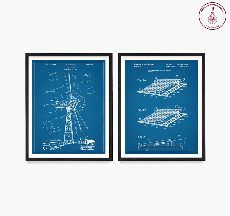 May include: Two blue blueprint style patent drawings in black frames. The left drawing shows a wind turbine with a circular blade design. The right drawing shows a design for a retractable stadium seating system. The text on the left drawing reads "Oct. 17, 1946", "E. 2,393,791", and "Fig. 1". The text on the right drawing reads "United States Patent", "No. 1,543,277", "Fig. 1A", "Fig. 1B", and "Fig. 3".