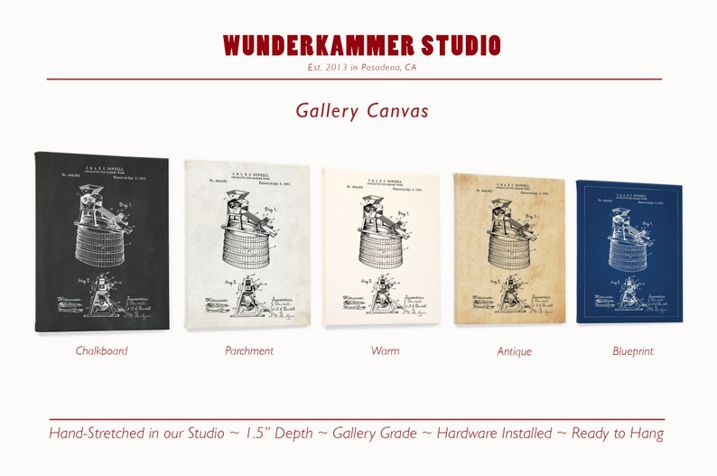 May include: Five different color variations of a vintage patent drawing for a barrel making machine. The drawing is in black and white and shows the machine in detail. The colors are chalkboard, parchment, warm, antique, and blueprint.
