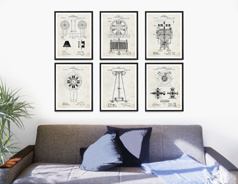 May include: Set of six black and white vintage electrical motor patent prints. The prints are framed and displayed on a white wall above a gray couch.