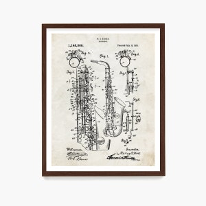 May include: Black and white vintage patent drawing of a saxophone. The drawing shows the internal workings of the instrument. The patent number is 1,146,368 and the date is July 11, 1915. The inventor is Murray A. Stover.