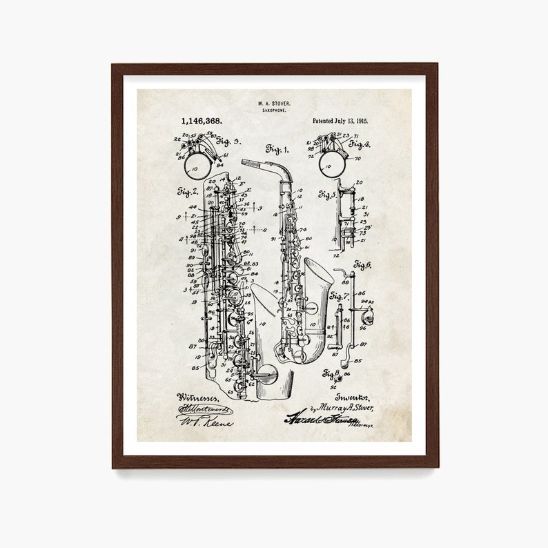 May include: Black and white vintage patent drawing of a saxophone. The drawing shows the internal workings of the instrument. The patent number is 1,146,368 and the date is July 11, 1915. The inventor is Murray A. Stover.