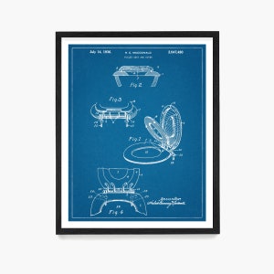 May include: A blue and white blueprint style illustration of a toilet seat and cover patent. The patent is titled "Toilet Seat and Cover" and is dated July 14, 1936. The patent number is 2,047,480. The patent is for a toilet seat and cover that is designed to be more durable and easier to clean.