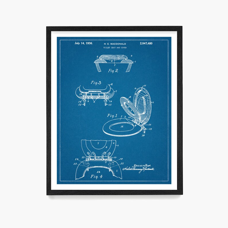 May include: A blue and white blueprint style illustration of a toilet seat and cover patent. The patent is titled "Toilet Seat and Cover" and is dated July 14, 1936. The patent number is 2,047,480. The patent is for a toilet seat and cover that is designed to be more durable and easier to clean.