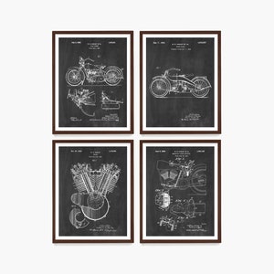 Wydruk artystyczny z patentem na motocykl: dekoracja z motywem motocyklisty w stylu vintage, zestaw 4 szt.