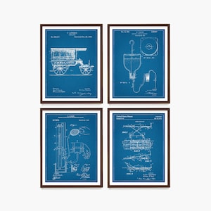 May include: Four framed patent prints featuring medical and transportation diagrams. The prints have a blue background with white line drawings. The top left print shows an ambulance. The other prints depict medical devices. The frames are brown.