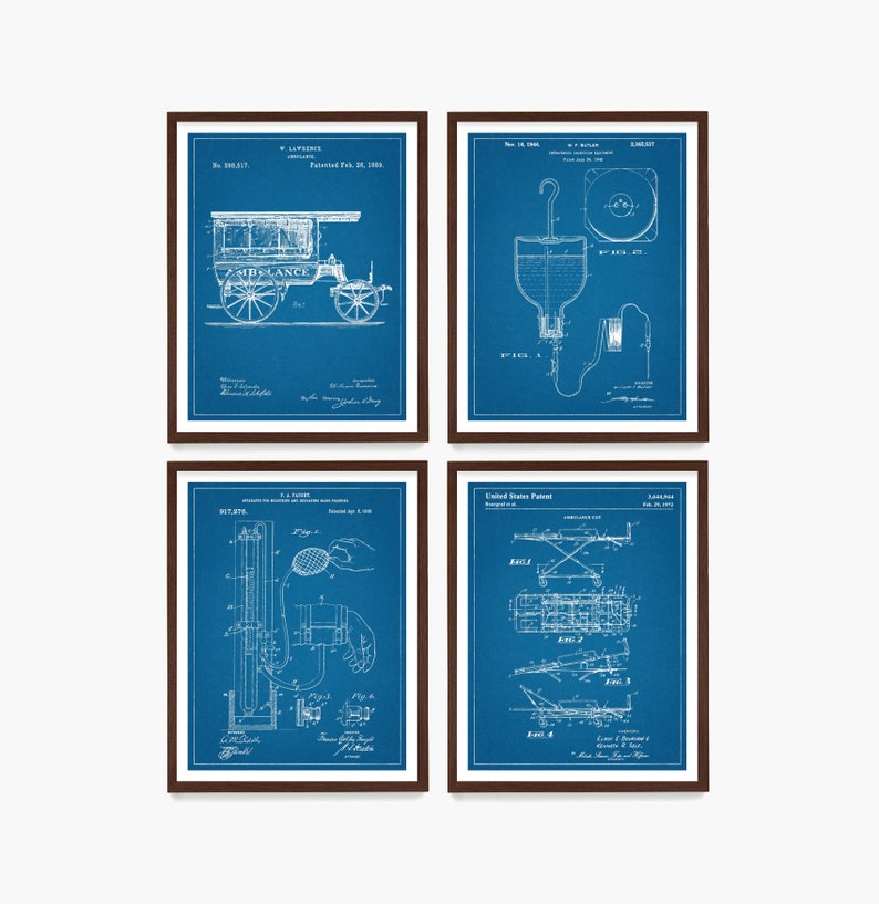 May include: Four framed patent prints featuring medical and transportation diagrams. The prints have a blue background with white line drawings. The top left print shows an ambulance. The other prints depict medical devices. The frames are brown.